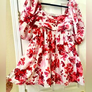 Abercrombie & fitch Linen Smocked Pleated Puff Sleeve Babydoll Dress